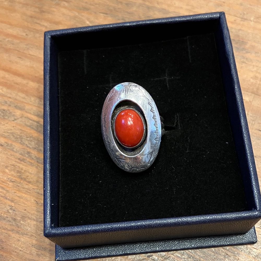Vintage Sterling Silver and Coral Shadowbox Women's Ring